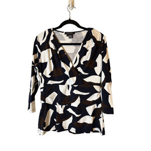 ETCETERA Women’s Blouse Navy White Brown Abstract Print V-Neck Ruched Size L NWT